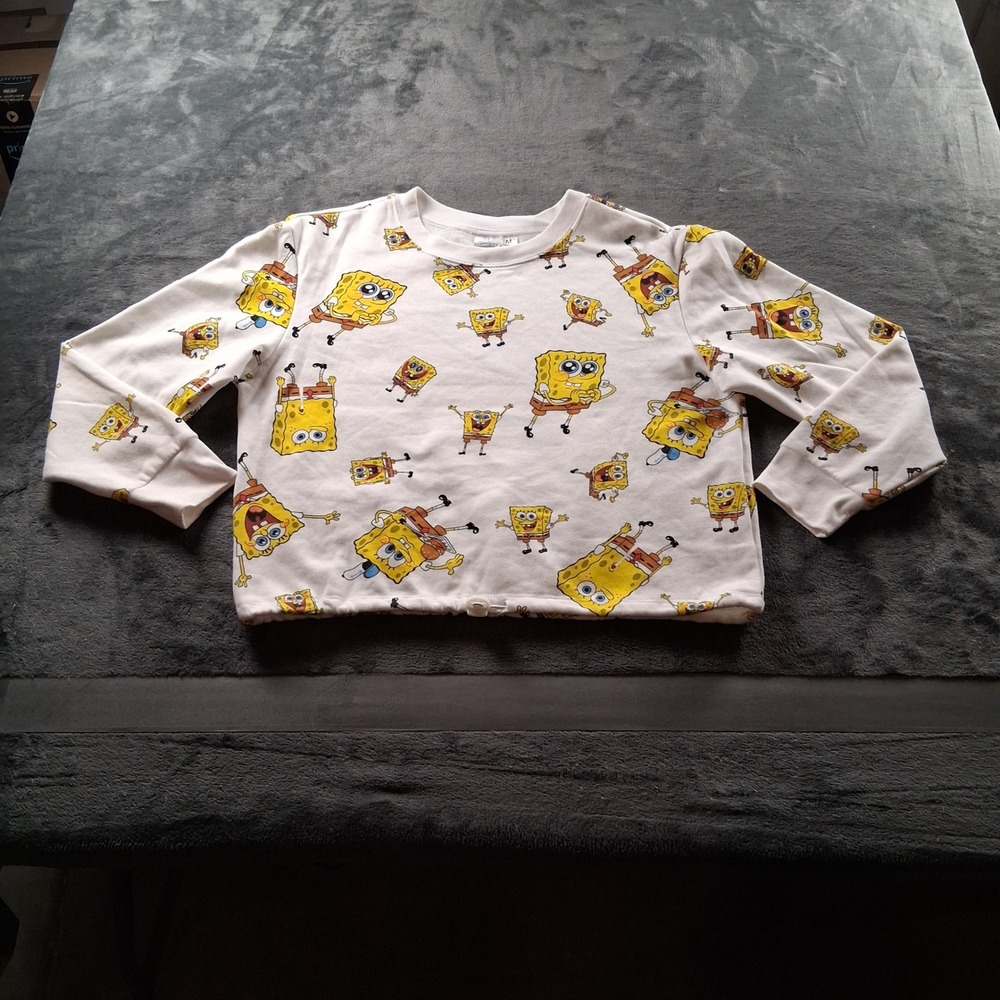 SpongeBob SquarePants Sweatshirt Womens Medium White All Over Print Cinch Hem
